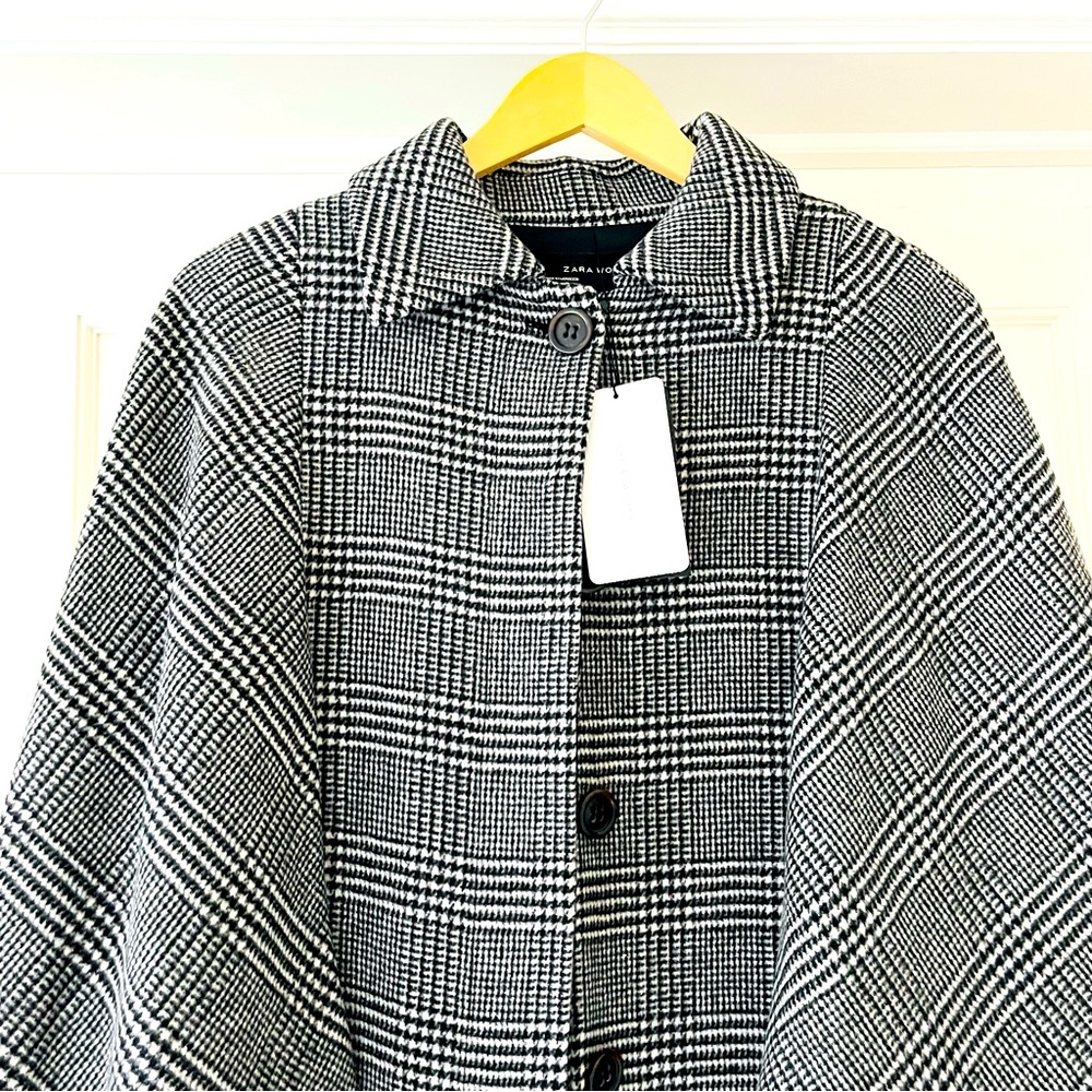 NWT Zara black white plaid wool blend capelet coat XS